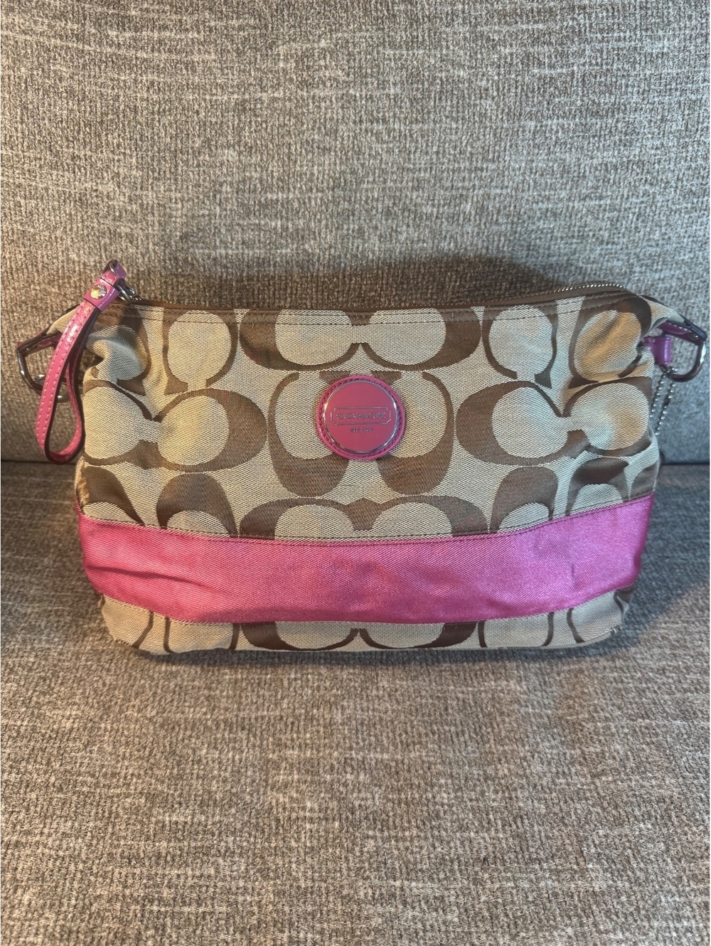 Coach Signature Stripe Hobo Bag Khaki Magenta Pink F17434